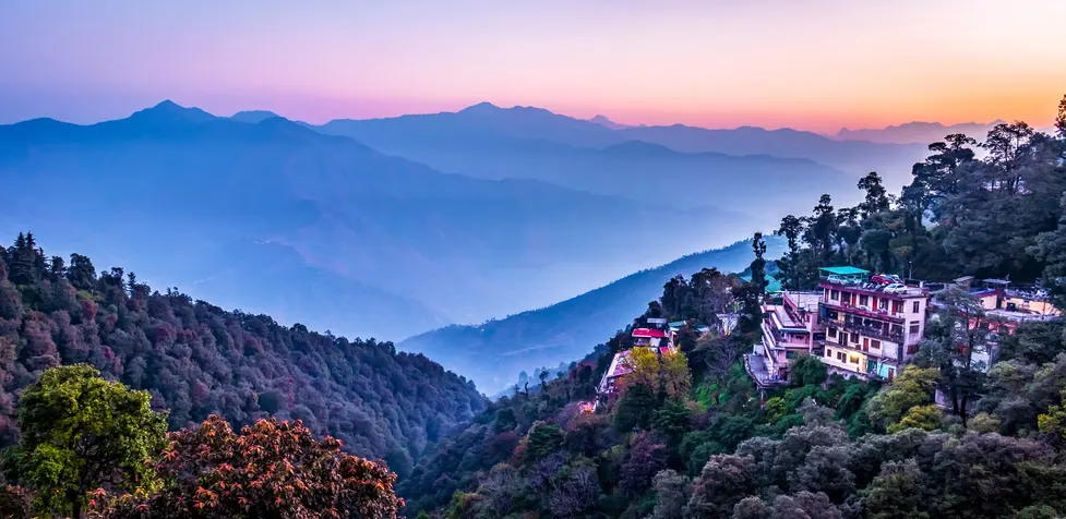 Scenic view of Mussoorie hill town under clouds